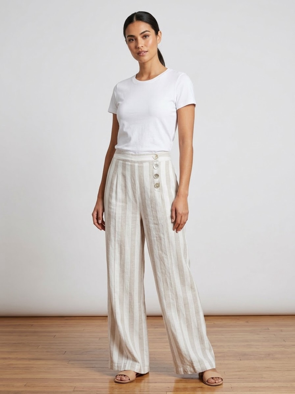 Blue Rain Francesca’s Striped Wide Leg Linen Trousers Sailor Button Small EUC